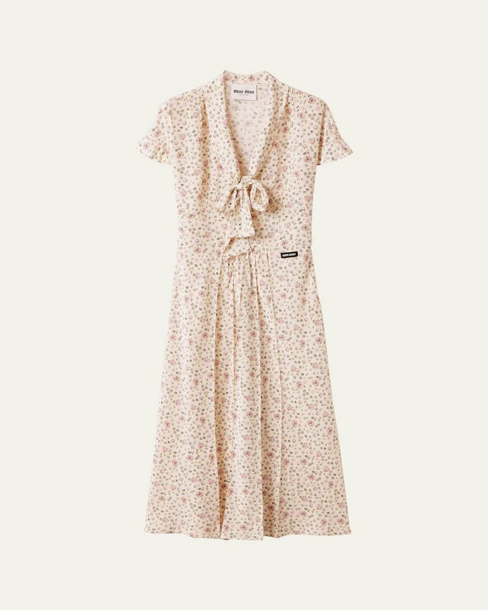 Floral Neck-Tie Short-Sleeve Midi Dress